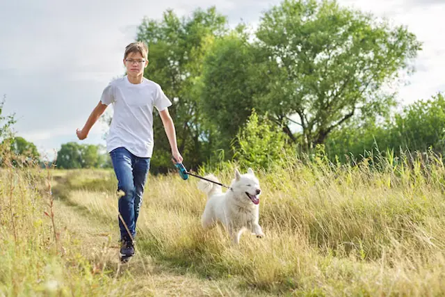 Nastolatek spaceruje z psem z tachykardią